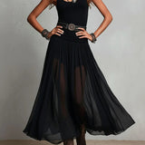 Black Sleeveless Tank Top With Tulle Skirt Maxi Dress(with belt)