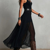 Black Sleeveless Tank Top With Tulle Skirt Maxi Dress(with belt)