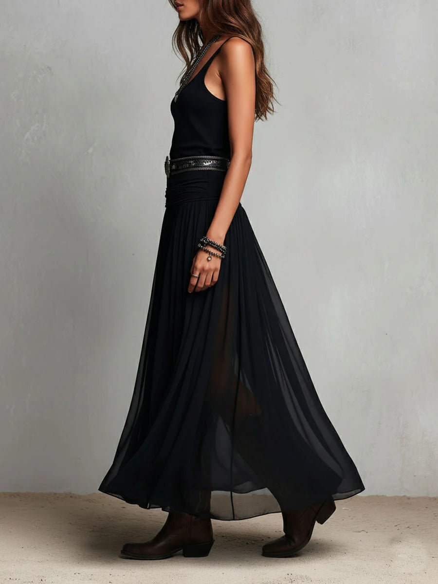 Black Sleeveless Tank Top With Tulle Skirt Maxi Dress(with belt)