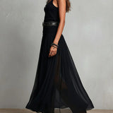 Black Sleeveless Tank Top With Tulle Skirt Maxi Dress(with belt)