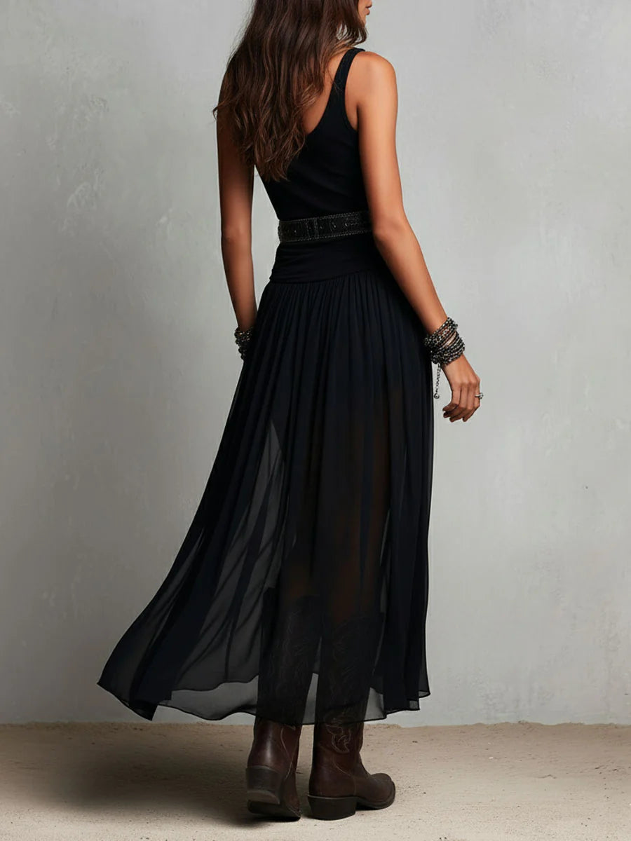 Black Sleeveless Tank Top With Tulle Skirt Maxi Dress(with belt)