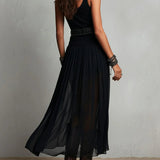 Black Sleeveless Tank Top With Tulle Skirt Maxi Dress(with belt)