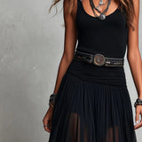 Black Sleeveless Tank Top With Tulle Skirt Maxi Dress(with belt)