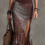 Brown Bohemian Halter Top And Printed Skirt Two-piece Set