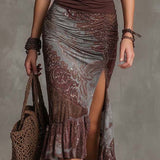 Brown Bohemian Halter Top And Printed Skirt Two-piece Set