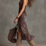 Brown Bohemian Halter Top And Printed Skirt Two-piece Set