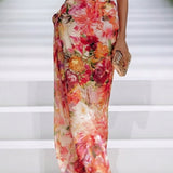 Red Chiffon Floral Halter-neck Sleeveless Maxi Dress