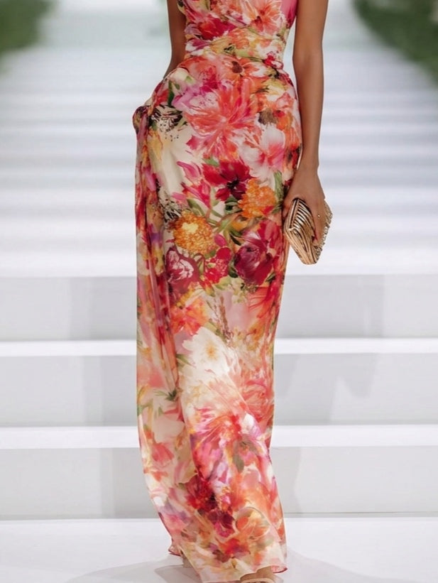 Red Chiffon Floral Halter-neck Sleeveless Maxi Dress