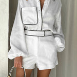 Conjunto de duas peças em algodão e linho com camisa e shorts em contraste preto e branco