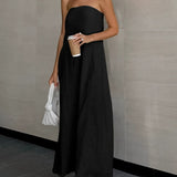 Vestido longo de linho sem alças e corte em A