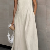 Vestido longo de linho sem alças e corte em A