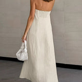 Vestido longo de linho sem alças e corte em A