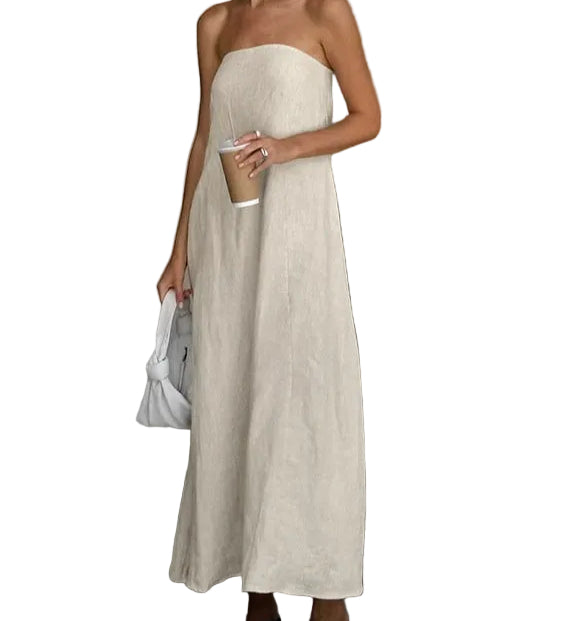 Vestido longo de linho sem alças e corte em A