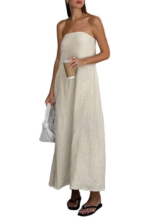 Vestido longo de linho sem alças e corte em A