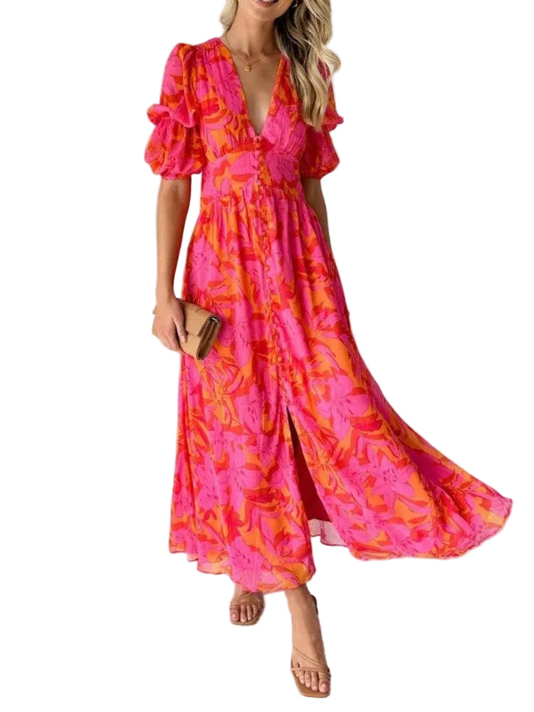 Elegant Floral V-neck Midi Dress
