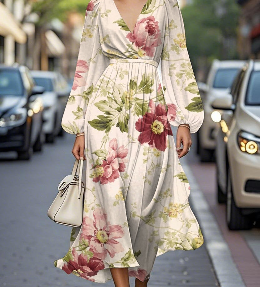 Elegant Floral V-neck Chiffon Pleated Midi Dress