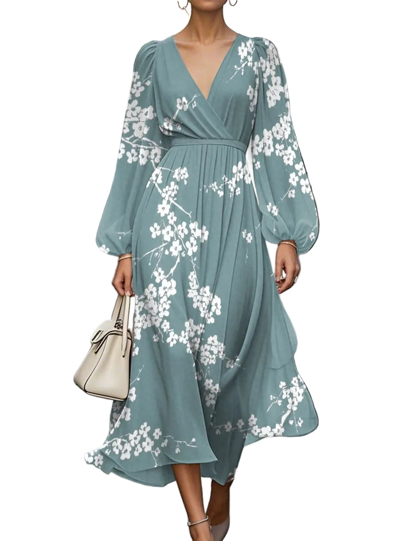Elegant Floral V-neck Chiffon Pleated Midi Dress