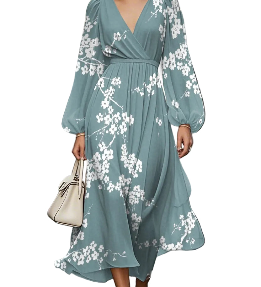 Elegant Floral V-neck Chiffon Pleated Midi Dress