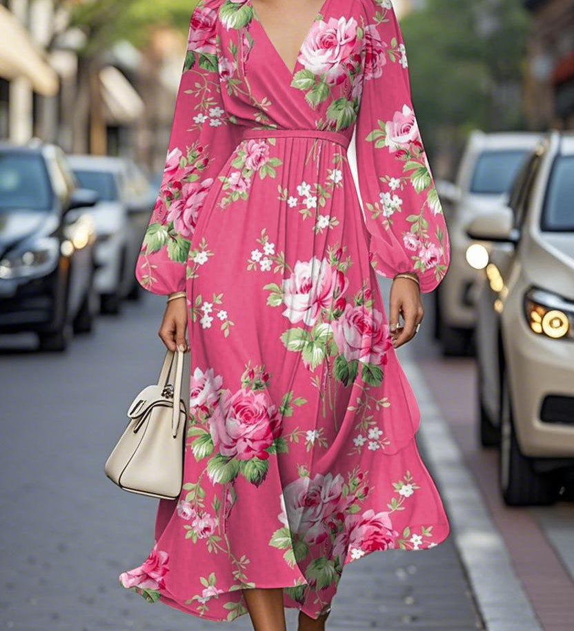 Elegant Floral V-neck Chiffon Pleated Midi Dress