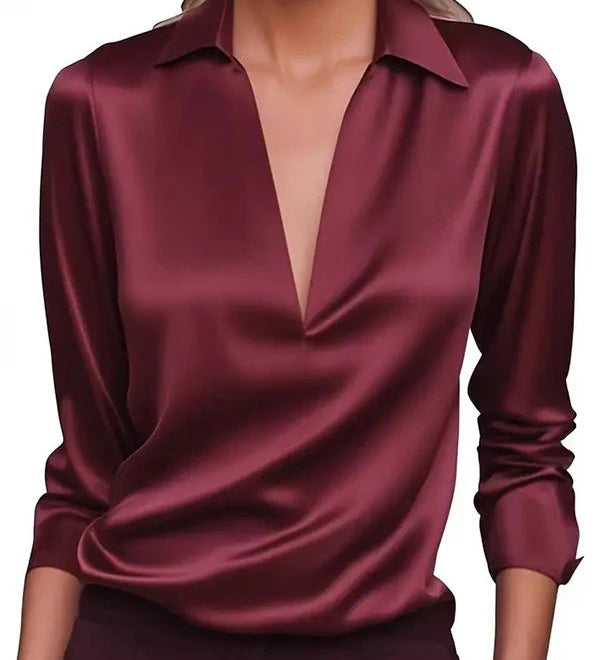 CAMISA CASUAL DE SATÉN LISO CON CUELLO EN V Y MANGA LARGA