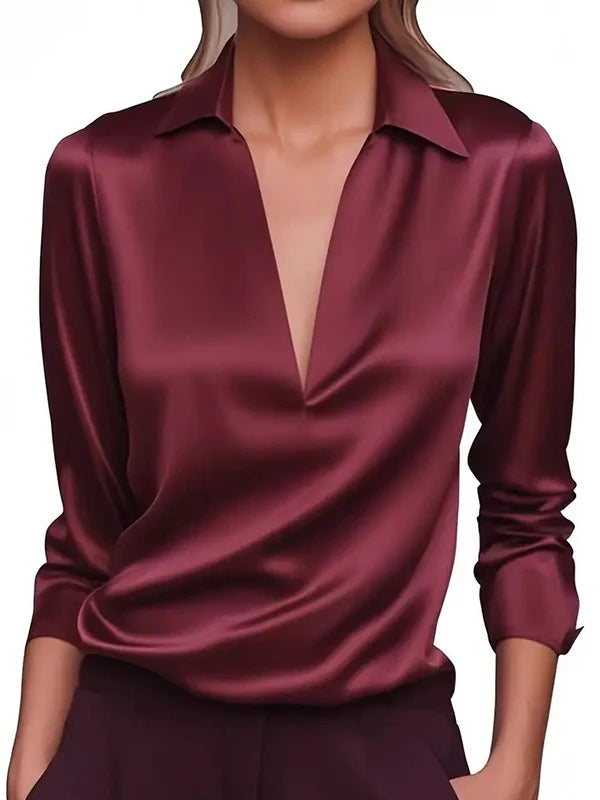 CAMISA CASUAL DE SATÉN LISO CON CUELLO EN V Y MANGA LARGA