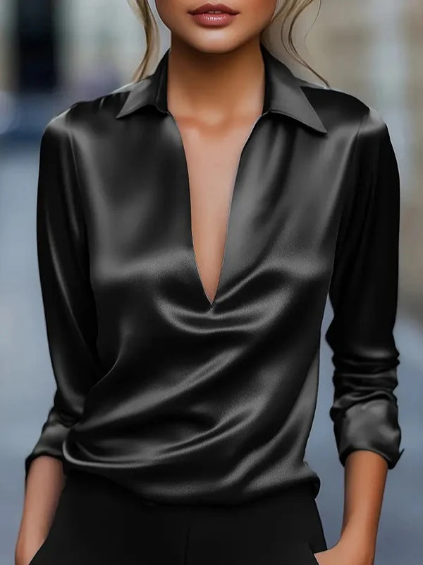 CAMISA CASUAL DE SATÉN LISO CON CUELLO EN V Y MANGA LARGA