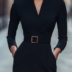 Vestido midi preto com gola alta e cordão ajustável