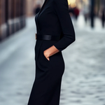 Vestido midi preto com gola alta e cordão ajustável