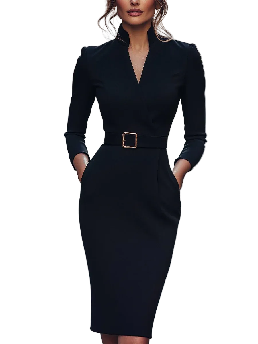 Vestido midi preto com gola alta e cordão ajustável