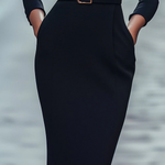 Vestido midi preto com gola alta e cordão ajustável