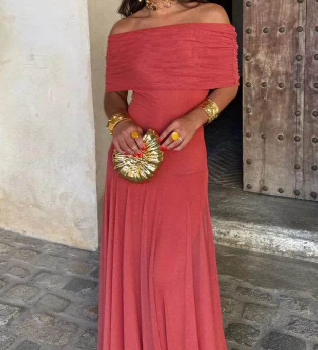 Brown One Shoulder Mesh Maxi Dress