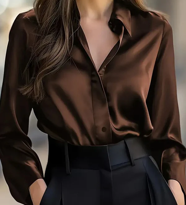 CAMISA ELEGANTE CASUAL DE SATÉN LISO DE MANGA LARGA