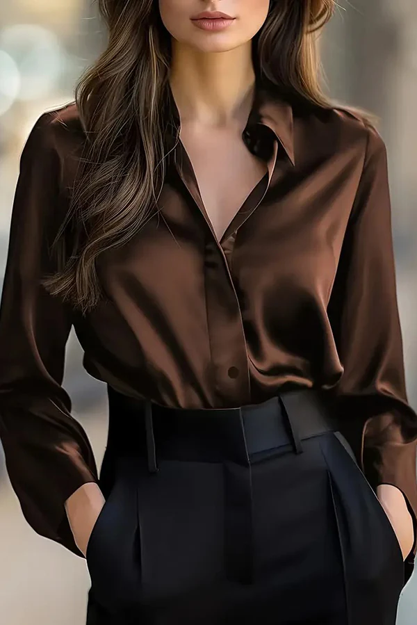CAMISA ELEGANTE CASUAL DE SATÉN LISO DE MANGA LARGA