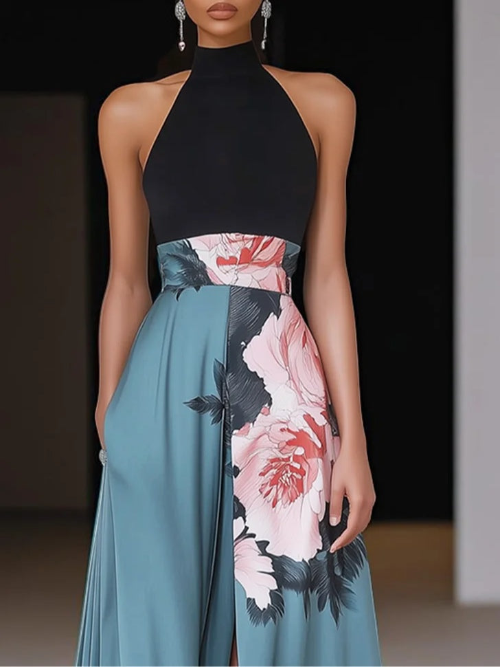 Vestido longo preto clássico com fenda, estampa floral, gola redonda e corte em A.