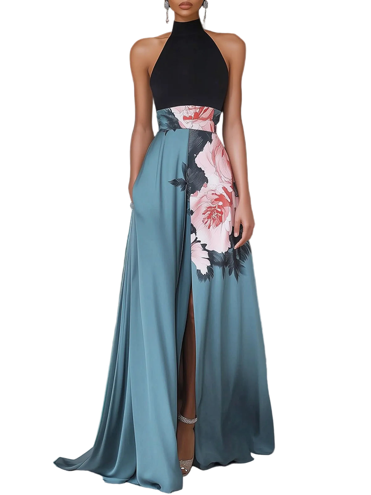 Vestido longo preto clássico com fenda, estampa floral, gola redonda e corte em A.