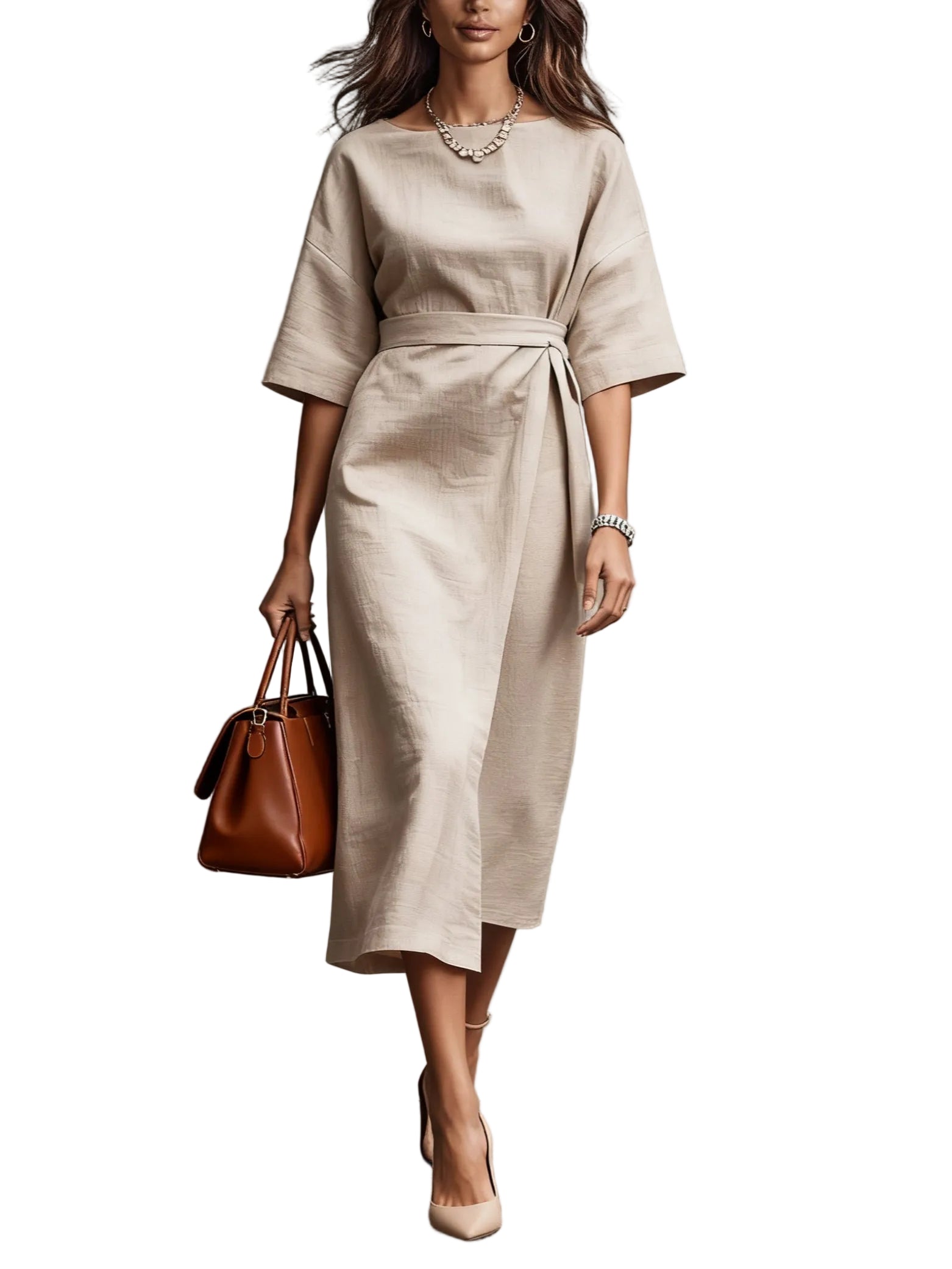 Linen Boat Neck Tie Loose Dress