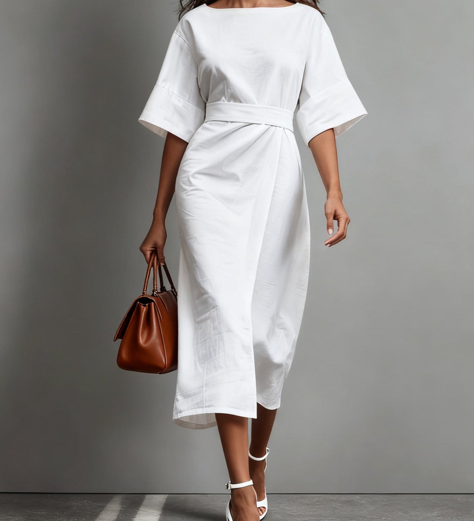 Linen Boat Neck Tie Loose Dress