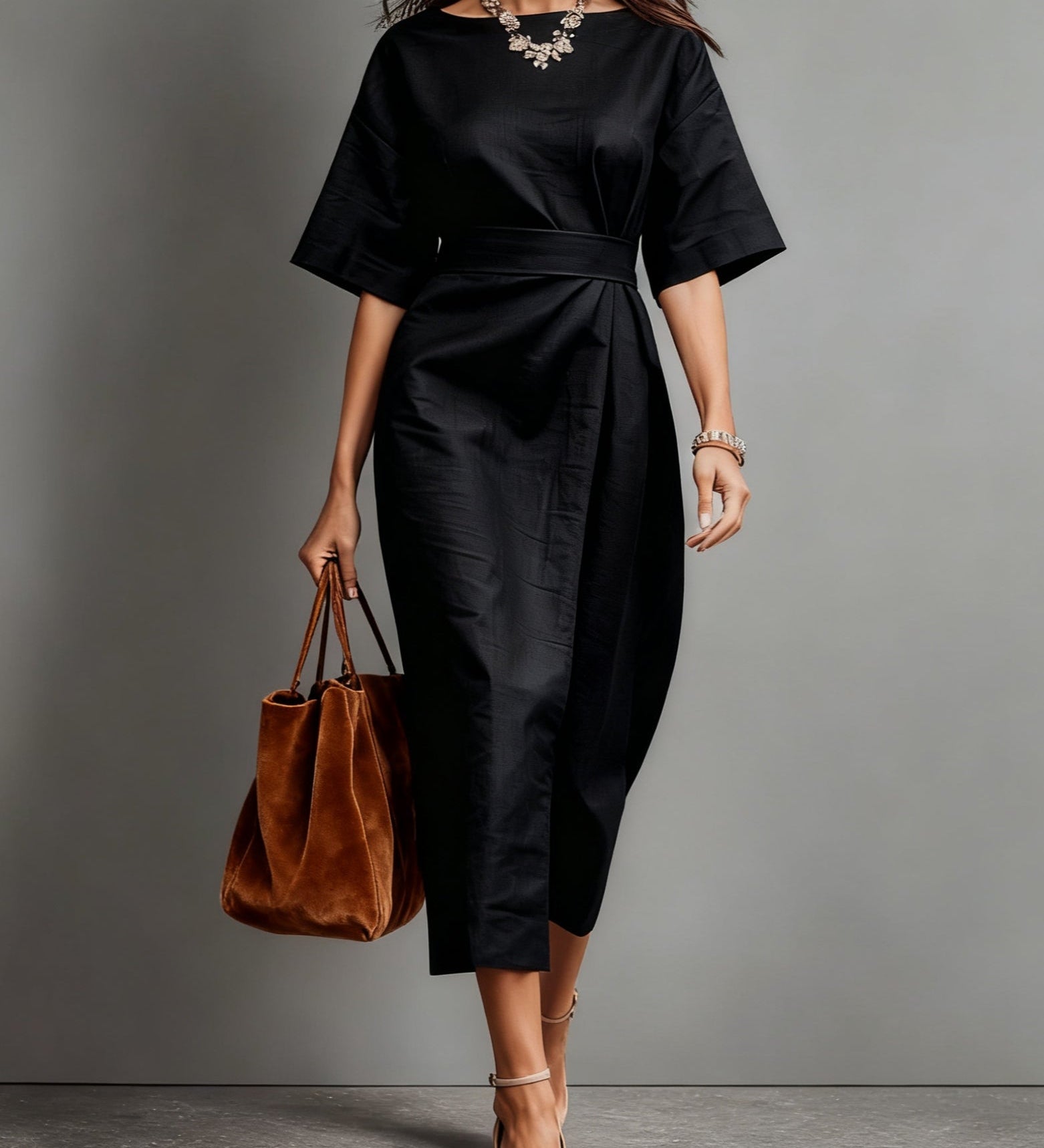 Linen Boat Neck Tie Loose Dress