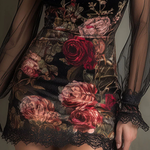 Velvet Rose Print Tulle Lace Trim Mini Dress