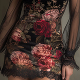 Velvet Rose Print Tulle Lace Trim Mini Dress