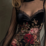 Velvet Rose Print Tulle Lace Trim Mini Dress