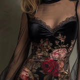 Velvet Rose Print Tulle Lace Trim Mini Dress