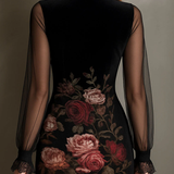 Velvet Rose Print Tulle Lace Trim Mini Dress