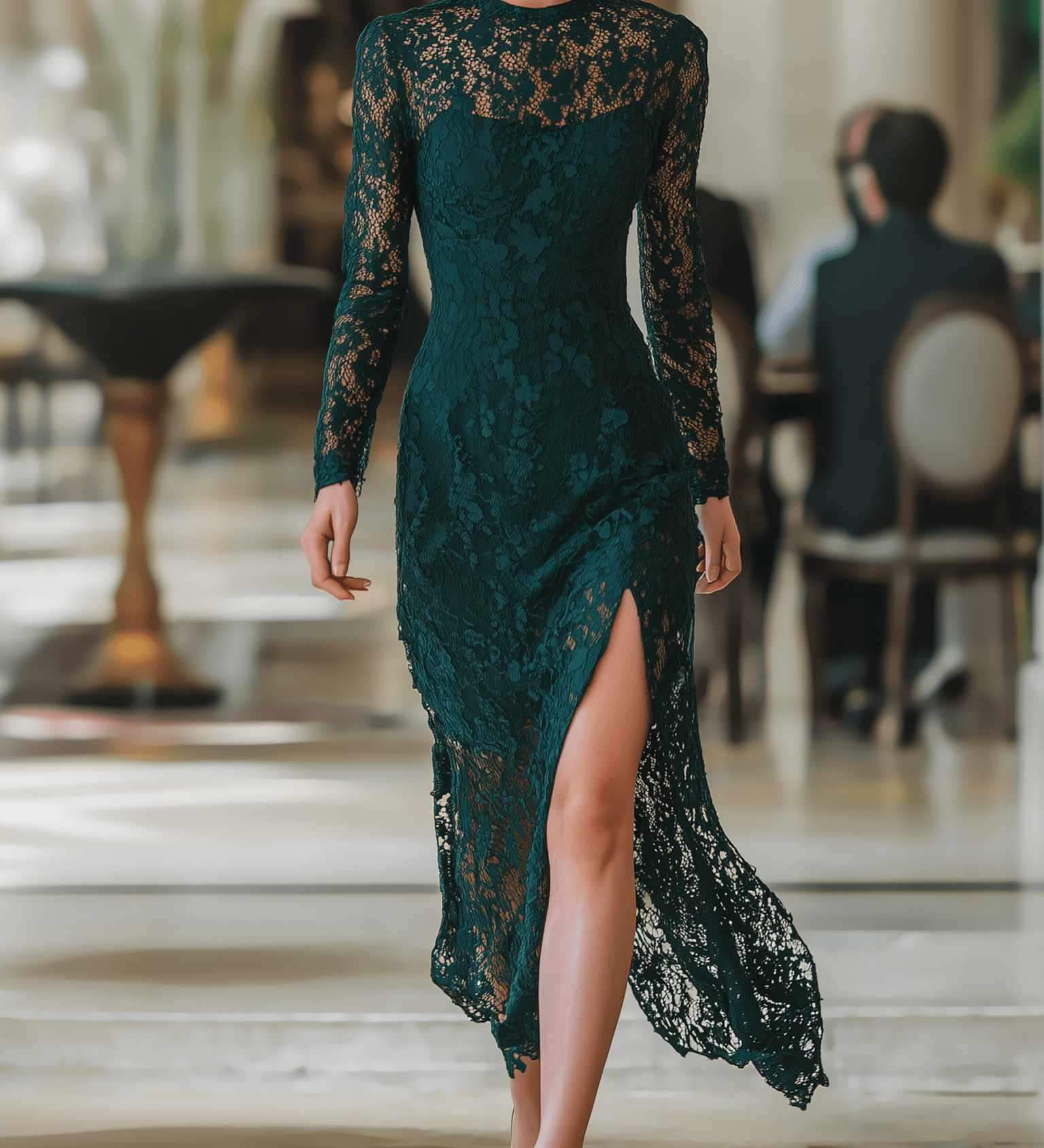 VESTIDO LARGO VERDE ESMERALDA DE ENCAJE FLORAL CON ABERTURA - VALERINA MARBELLA