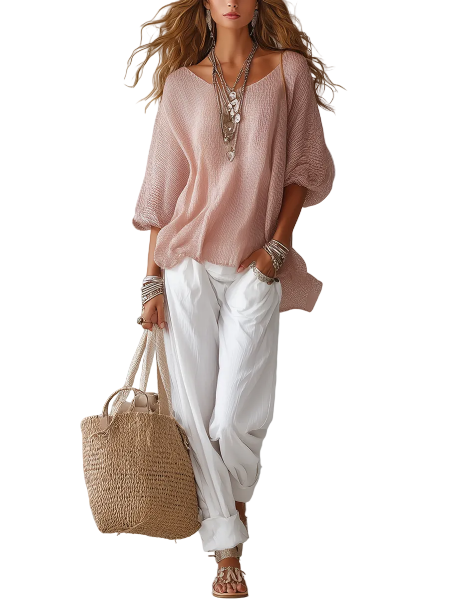 Casual Light Pink Suit With Lantern Sleeves