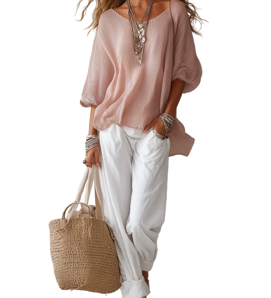Casual Light Pink Suit With Lantern Sleeves