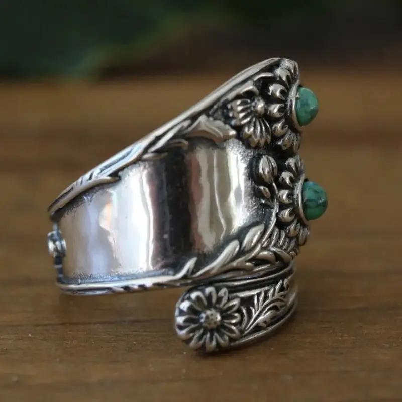 ANILLO VINTAGE FLORAL TURQUESA LARGE SORTIJA PLATA