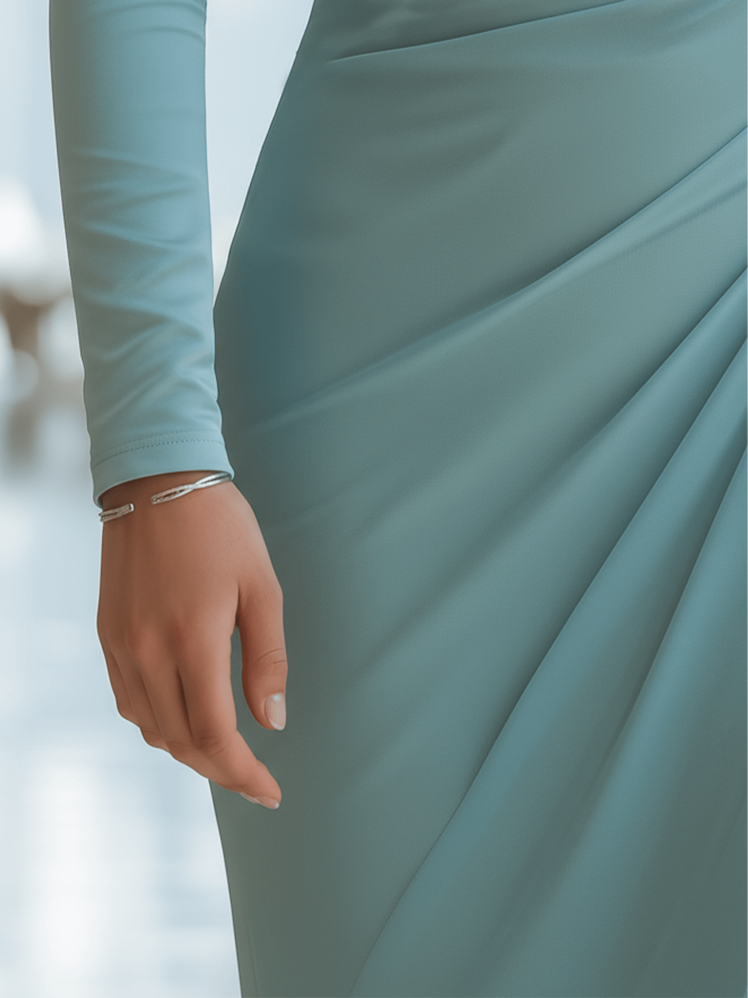 VESTIDO MAXI DE GASA PLISADA EN AZUL GRIS CON PATCHWORK - VALERINA MARBELLA