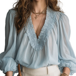 Gentle Style Light Blue V Neck Chiffon Top With Ruffled Details