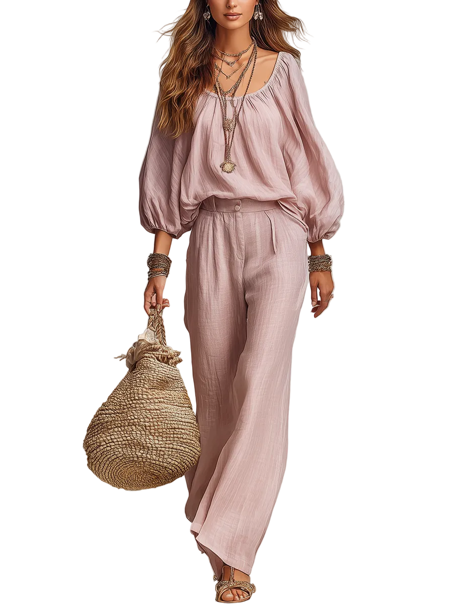 Bohemian Style Light Pink Lantern Sleeve Wide Leg Pants Set